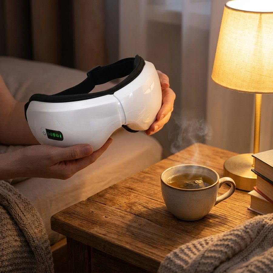 A pair of hands holding the Duvela eye massager on a warm nightstand beside a lamp and a cup of tea.