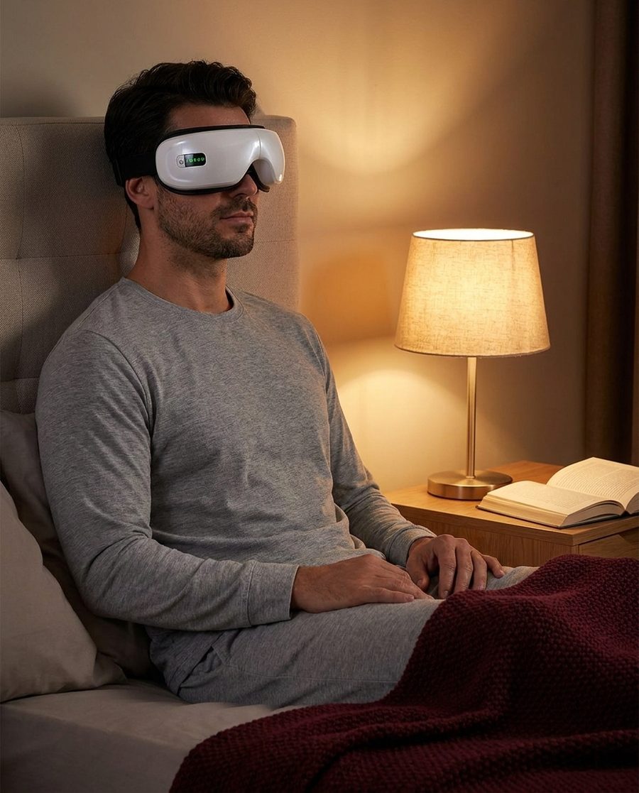 A man winding down in bed at night wearing the Duvela eye massager, bedside lamp on.
