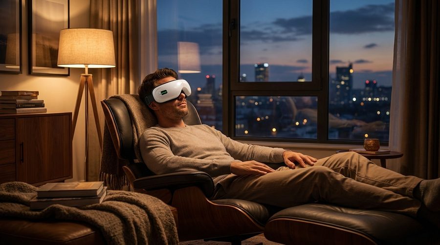 A man in his late fifties relaxing in an armchair in the evening, wearing the Duvela eye massager, tea on the side table.